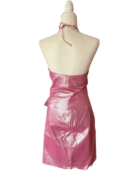Rare Vintage Y2K Express Hot Pink 100% Leather Halter Top Skirt Set Sz XS Fest - Picture 3 of 16